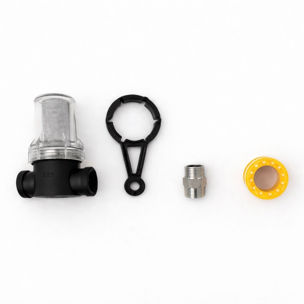 40-Mesh Filter, Filter Wrench, 3/4" to 3/4" SS Adapter, Plumber's Tape